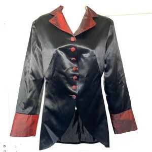 Uno Cove women's black red satin steampunk vintage-style jacket Button Up Coat‎